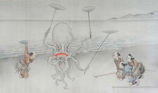 School of Yoshitoshi, an octopus juggling on a beach